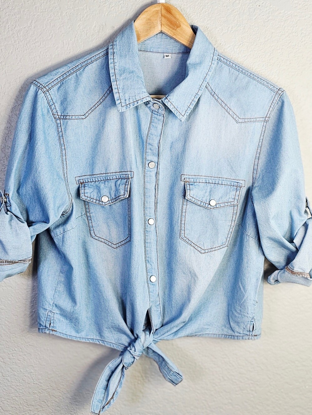 RokAdoll Chambray Tie Front Pearl Snap Western Shirt Medium